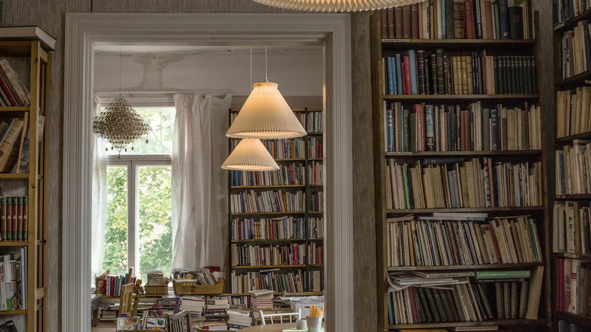 Tavana kadar kitap dolu raflarıyla aydınlık bir kütüphane odası