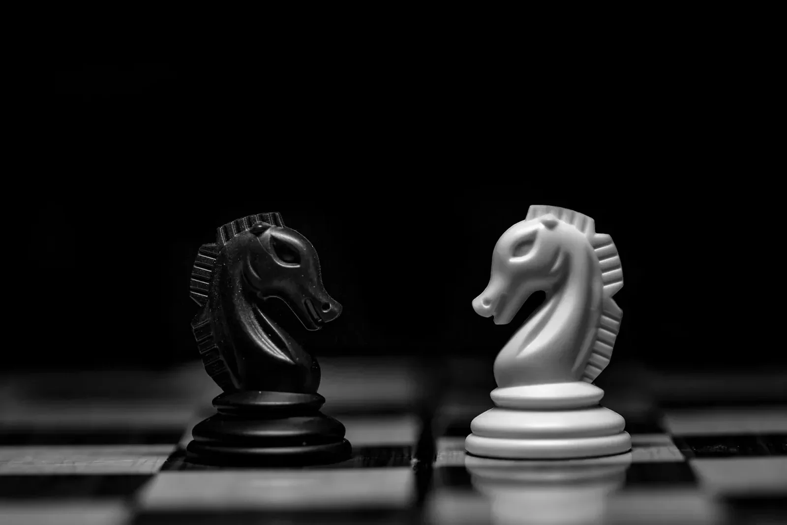 Siyah zeminde, satranç tahtası üstünde karşı karşıya duran siyah ve beyaz at