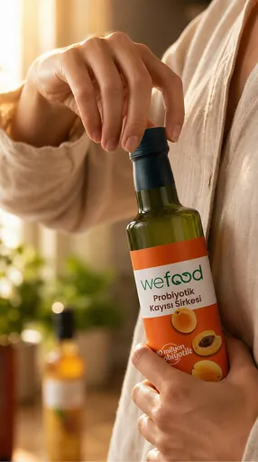 Wefood lansman filminden dikey bir kare: güneşli mutfakta elde tutulan probiyotik kayısı sirkesi
