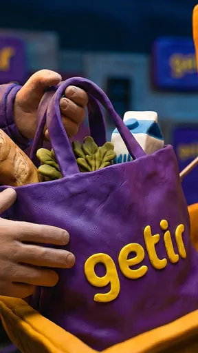 Getir claymation filminden dikey bir kare: kilden mor Getir çantası