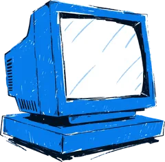 Mavi mürekkeple çizilmiş eski tip bilgisayar monitörü