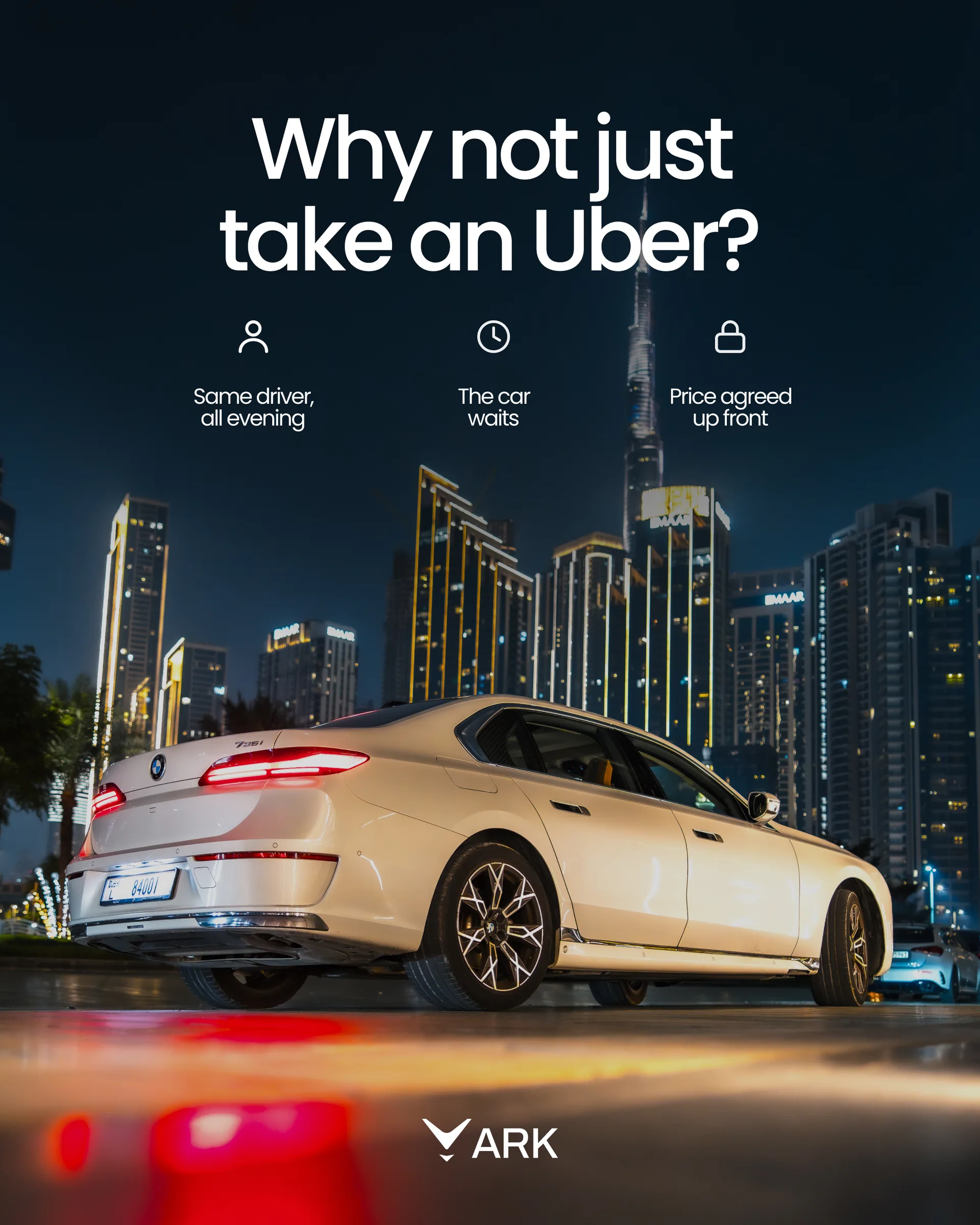 ARK gönderisi: “Why not just take an Uber?”, gece Dubai'de altın rengi bir sedan