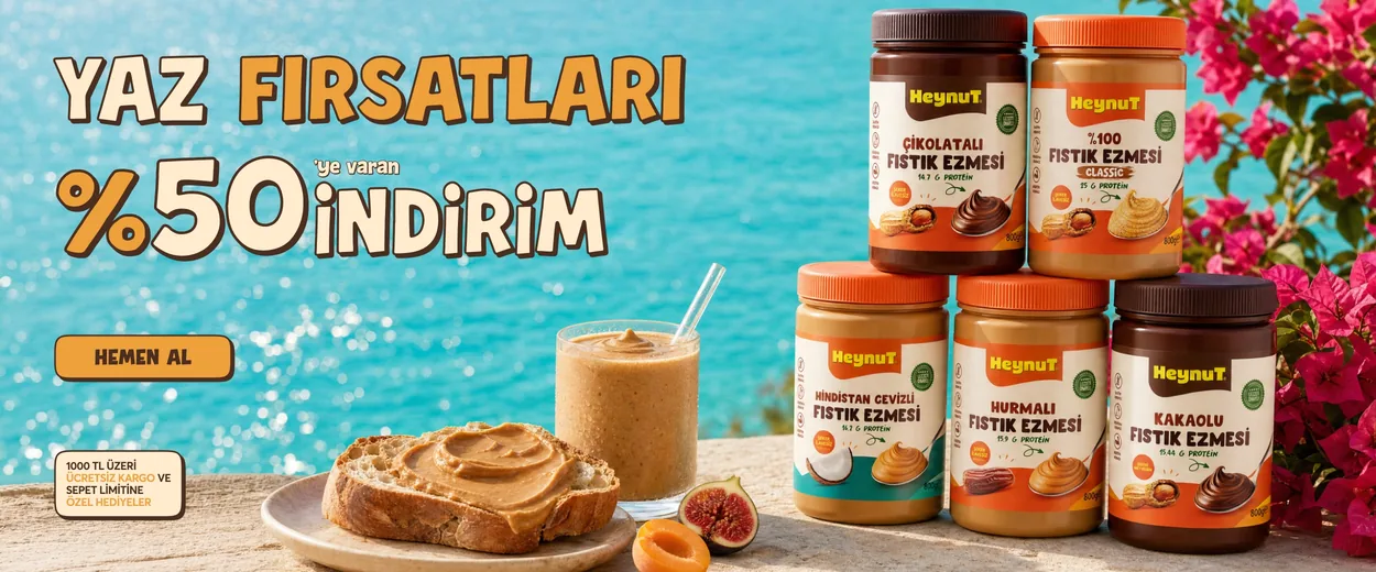 Heynut site bannerı: “Yaz fırsatları, %50'ye varan indirim”, deniz kıyısında beş kavanoz
