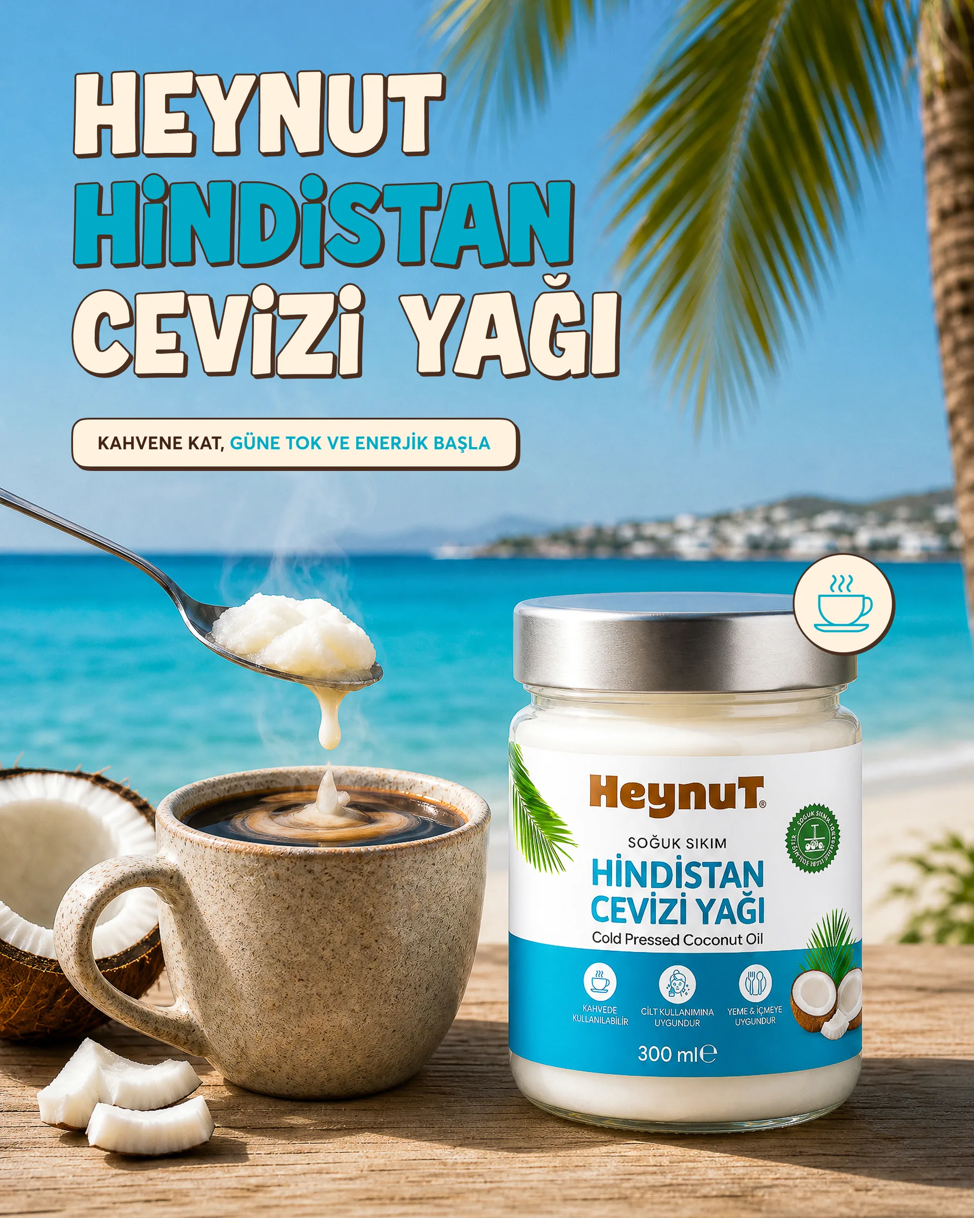 Heynut gönderisi: Hindistan cevizi yağı, “Kahvene kat, güne tok ve enerjik başla.”