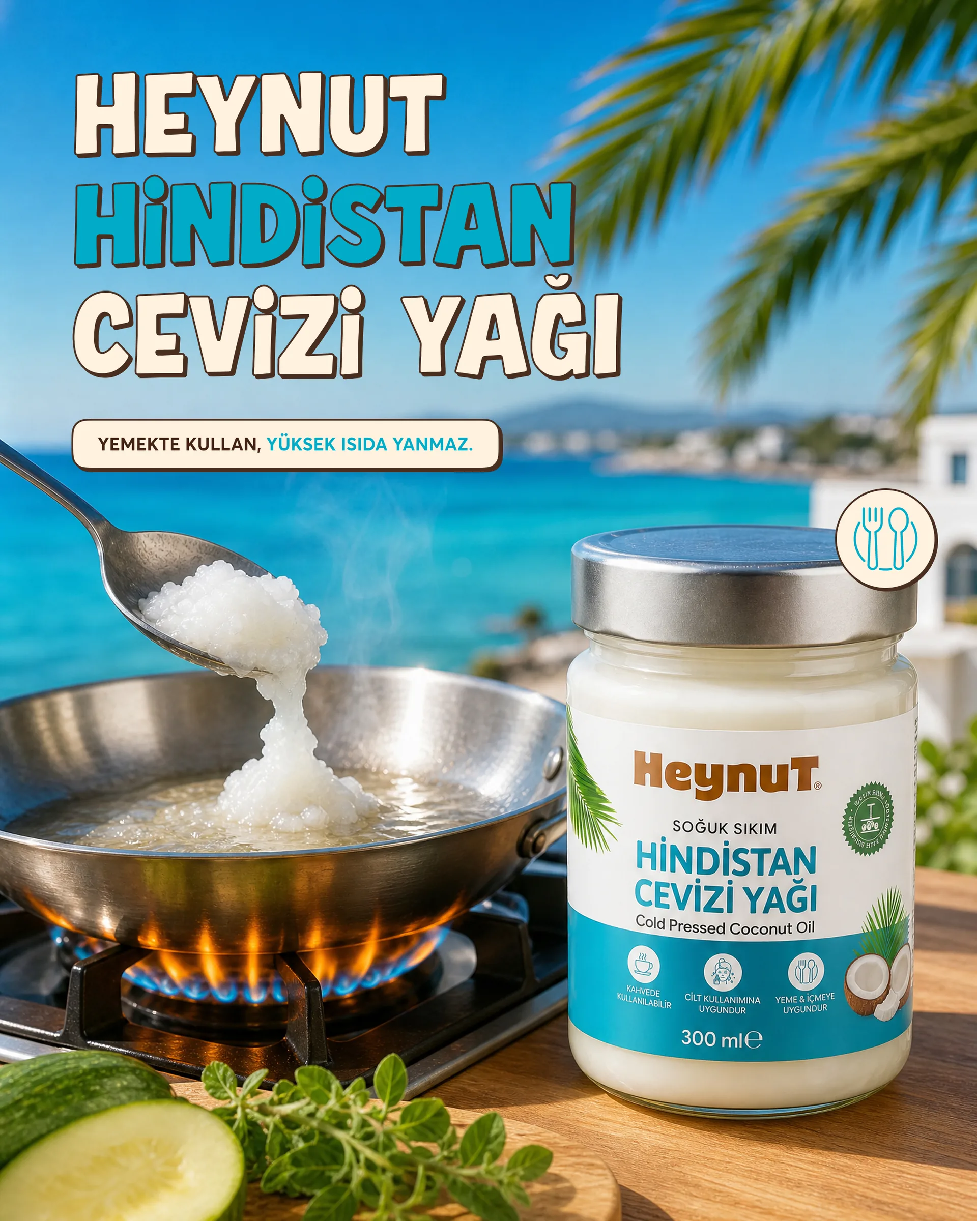 Heynut gönderisi: Hindistan cevizi yağı, “Yemekte kullan, yüksek ısıda yanmaz.”