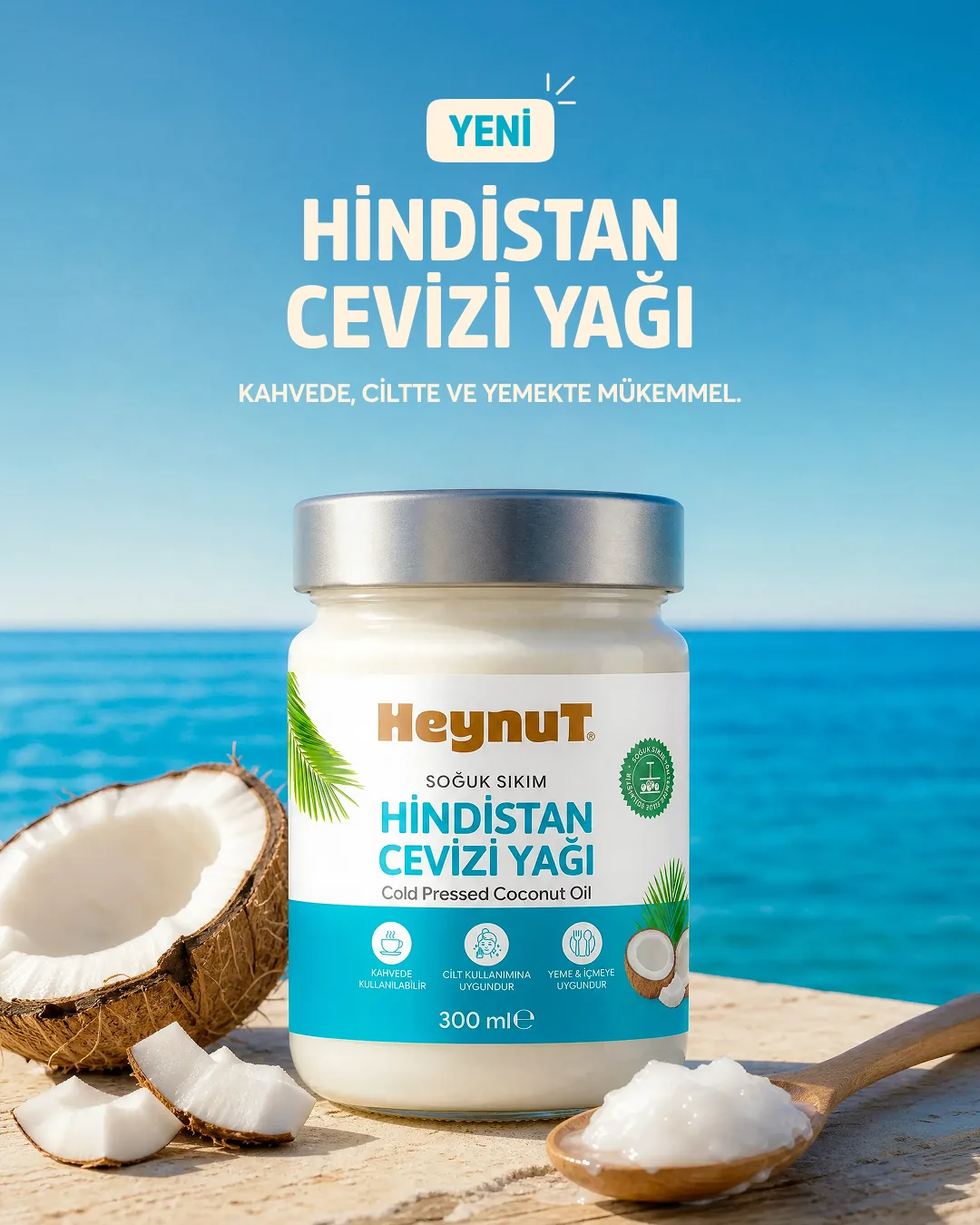 Heynut gönderisi: “Yeni: Hindistan cevizi yağı. Kahvede, ciltte ve yemekte mükemmel.”, deniz kıyısında kavanoz