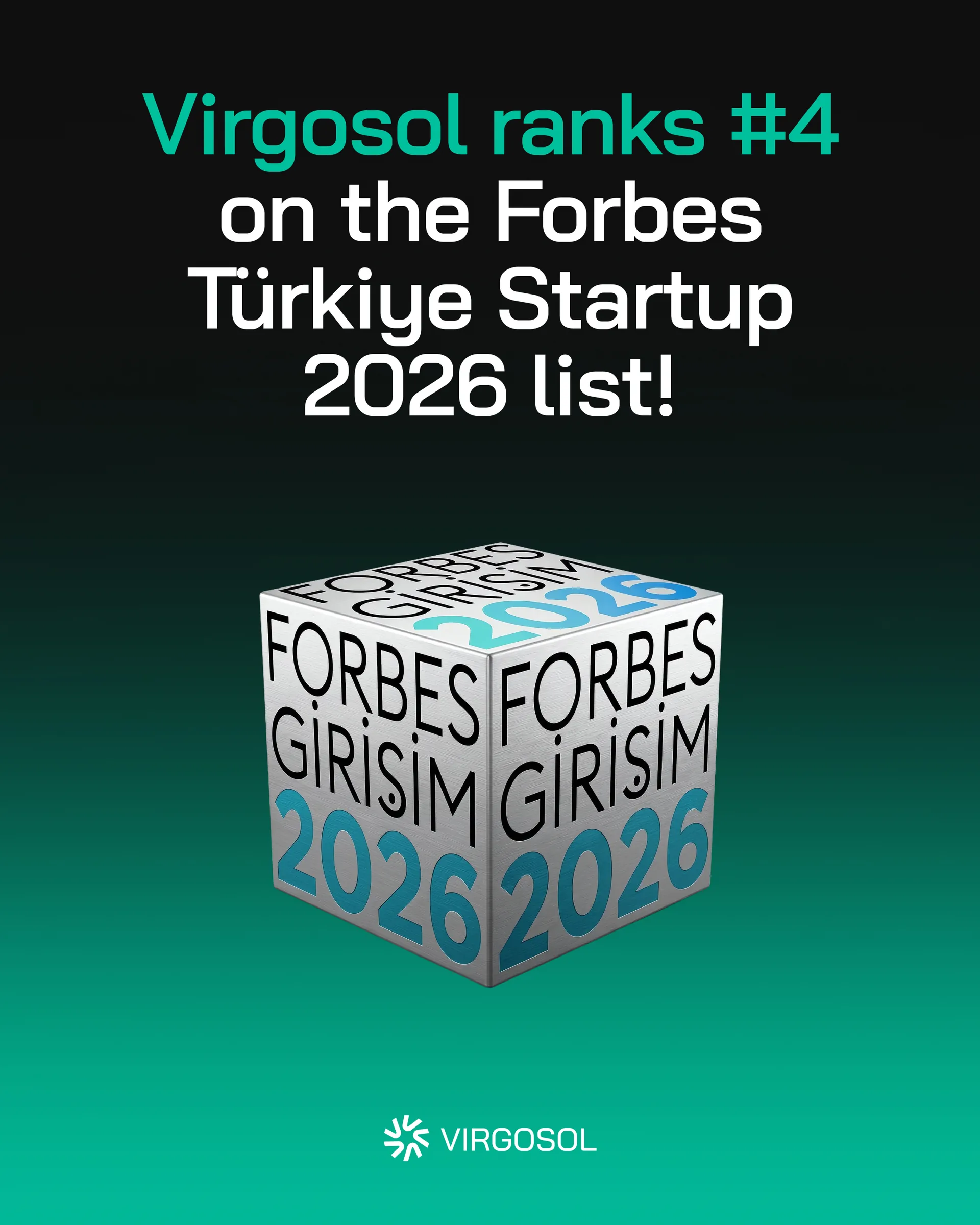 Virgosol gönderisi: “Virgosol ranks #4 on the Forbes Türkiye Startup 2026 list!”, Forbes Girişim küpü